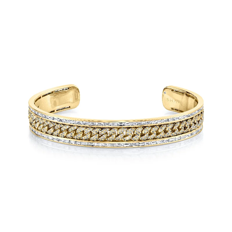 Women’s diamond bangles-MEN'S DIAMOND PAVE MINI LINK BANGLE W/ BAGUETTE BORDER