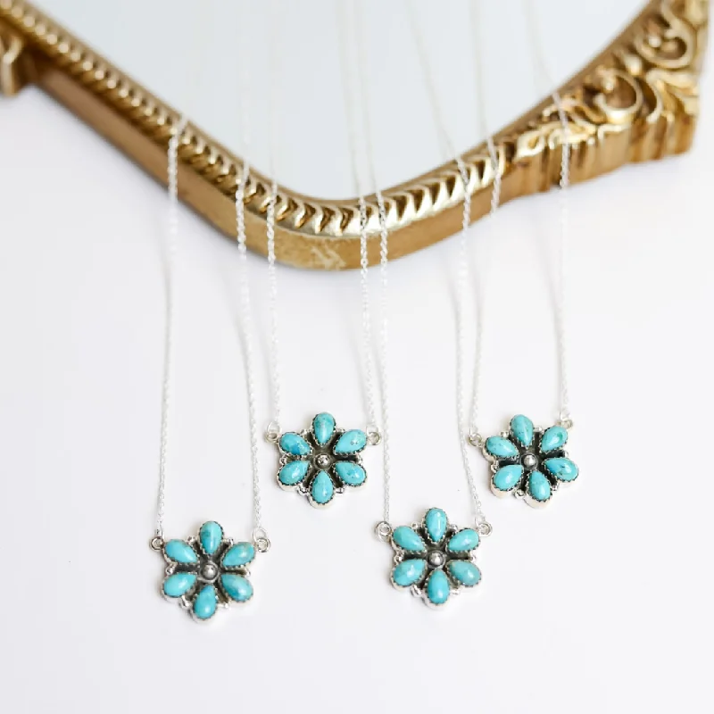 Trendy pearl necklaces for women-Hada Collection | Handmade Small Sterling Silver Chain Necklace with Kingman Turquoise Flower Cluster Pendant