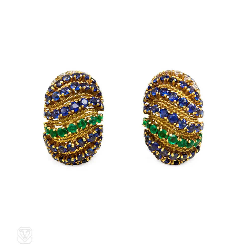 Women’s flower-shaped earrings-Gold and gemset half hoop earrings