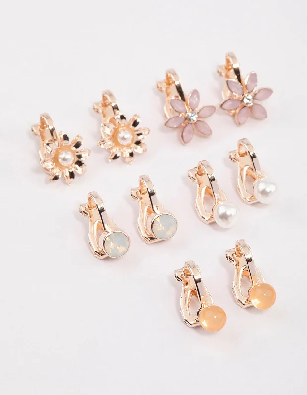 Elegant drop earrings for women-Rose Gold Pretty Garden Clip On Earrings 5-Pack