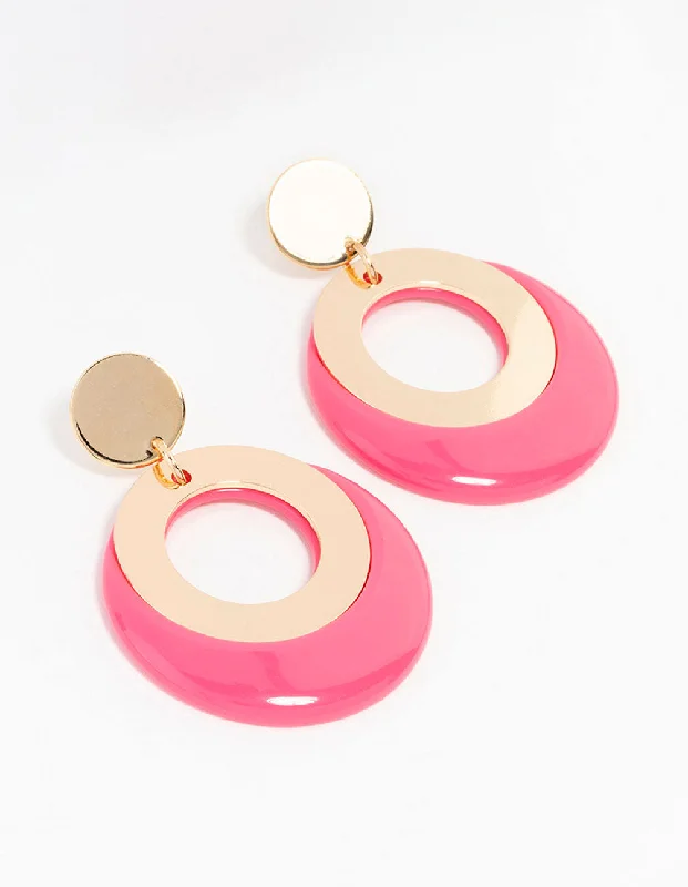 Women’s statement chandelier earrings-Pink Gold Acrylic Disc & Circle Drop Earrings