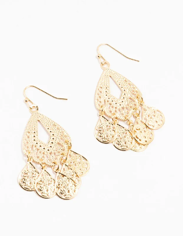 Trendy earrings for women-Gold Teardrop Dreamcatcher Drop Earrings