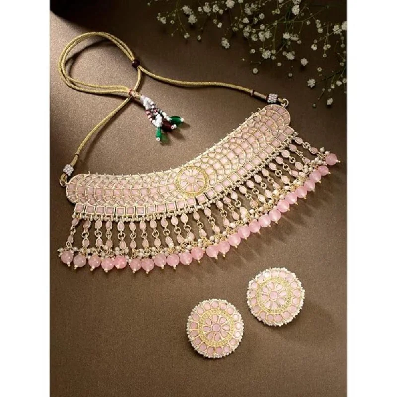 Women’s necklaces with sapphires-Etnico Gold Plated Traditional Kundan & Pearl Studded Choker Necklace Set For Women/Girls (K7210) (Full Pink)