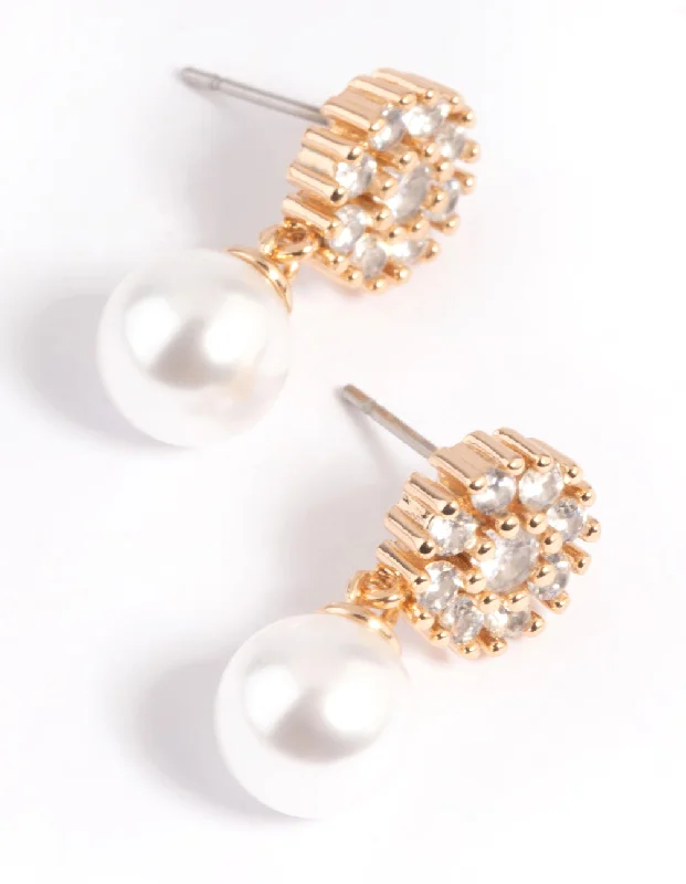 Women’s luxury hoop earrings-Gold Cubic Zirconia Flower & Pearl Drop Earrings