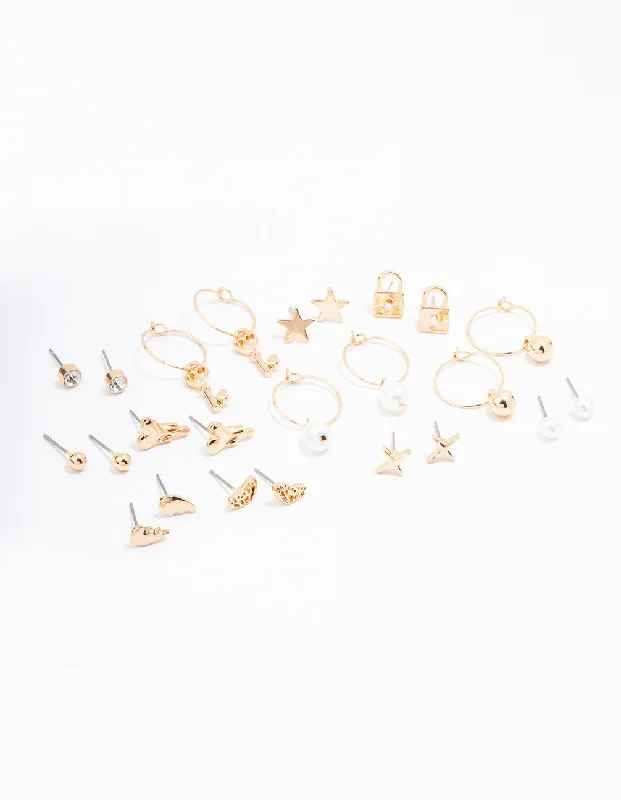 Women’s huggie earrings-Gold Pearl Drip Heart Earring 12-Pack