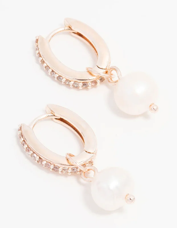 Unique earrings for women-Rose Gold Plated Cubic Zirconia Pave Pearl Drop Hoop Earrings