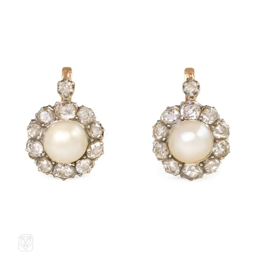 Unique earrings for women-Antique pearl and diamond cluster earrings, Austro-Hungary