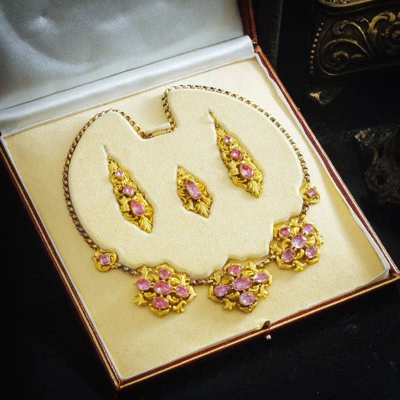 Affordable necklaces for women-Intoxicating Antique Georgian Foiled Pink Topaz Demi-Parure