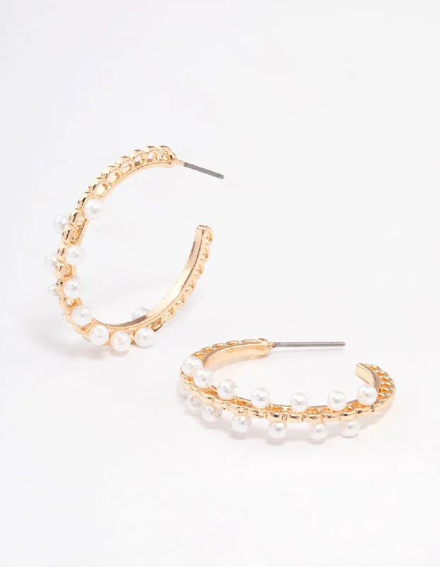 Women’s luxury hoop earrings-Gold Thin Pearl Ball Hoop Earrings