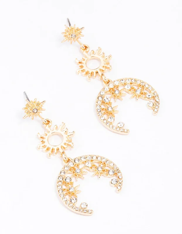 Classic hoop earrings for women-Gold Celestial Drop Earrings