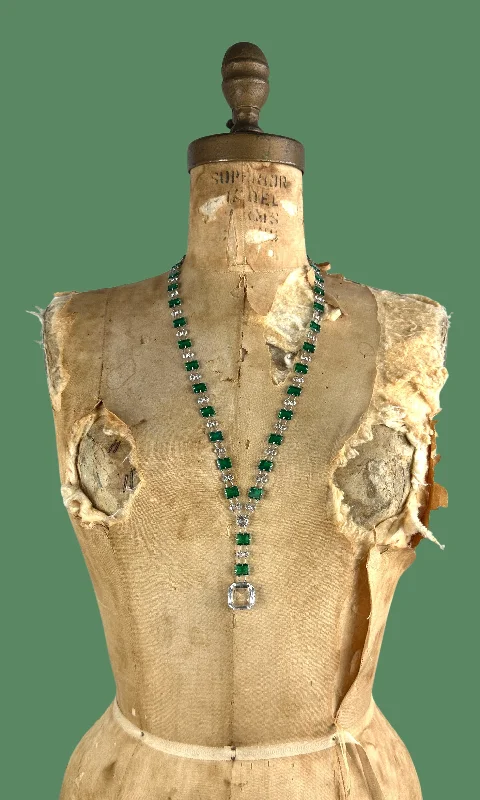 Vintage-style necklaces for women-ART DECO ERA 30s Emerald Crystal Pendant Necklace