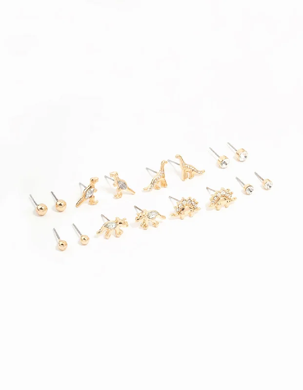 Women’s long chain earrings-Gold Dinosaur & Diamante Stud Earrings 8-Pack