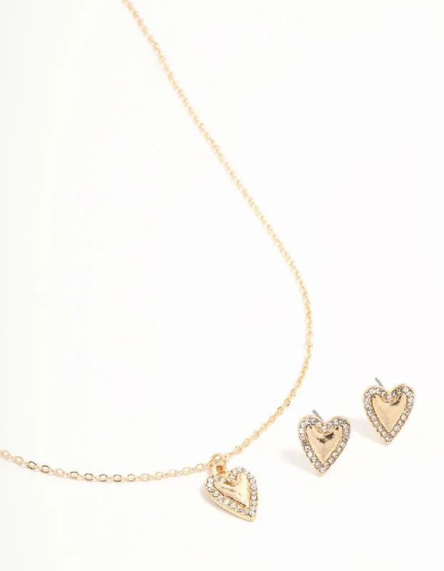 Women’s cubic zirconia earrings-Gold Diamante Heart Edge Necklace & Stud Earrings