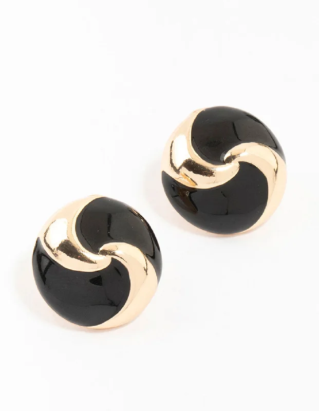 Women’s long chain earrings-Black & Gold Swirl Stud Earrings