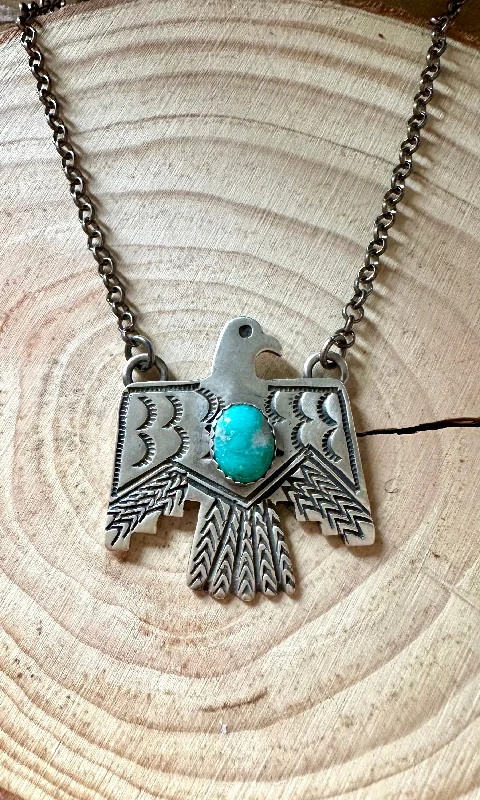 Luxury necklaces for women-THUNDERBIRD Native Sterling Silver & Turquoise Necklace Pendant • 18g