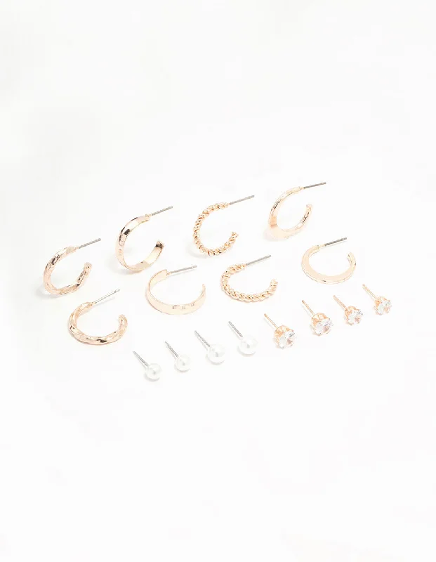 Women’s fashionable stud earrings-Rose Gold Pearl & Diamante Hoop Earrings 8-Pack