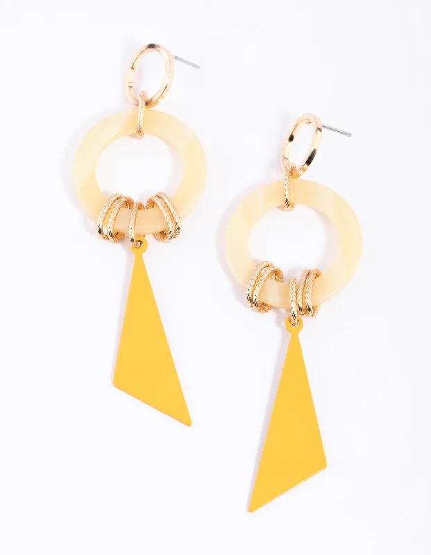 Classic hoop earrings for women-Yellow Circle & Triangle Drop Earrings