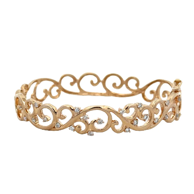 Trendy bangles for women-Openwork Scrolled Diamond Bangle in Yellow Gold