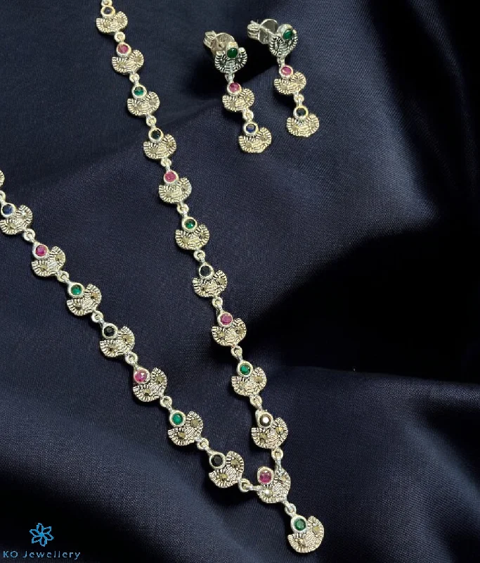 Women’s gemstone choker necklaces-The Sparkling Petals Silver Marcasite Necklace & Earrings