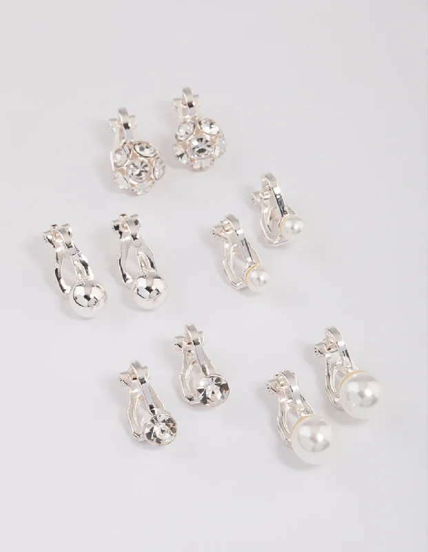 Women’s luxury hoop earrings-Silver Pearl & Diamante Ball Clip On Earrings 5-Pack