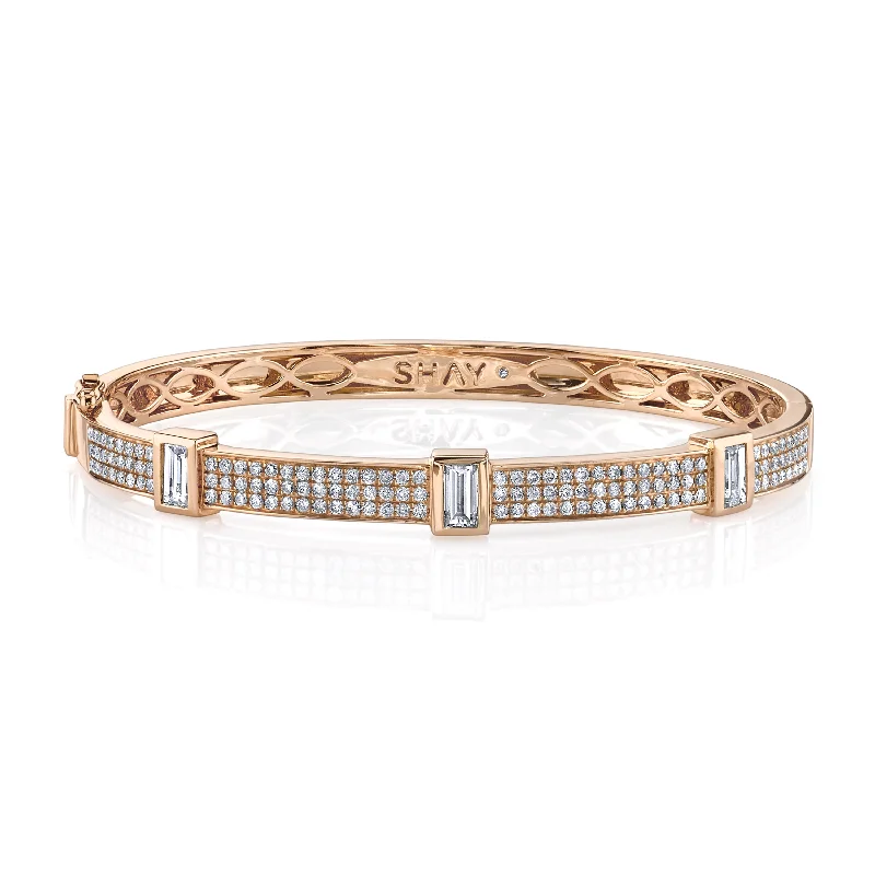 Women’s hammered gold bangles-READY TO SHIP DIAMOND TRIPLE BEZEL BAGUETTE BANGLE