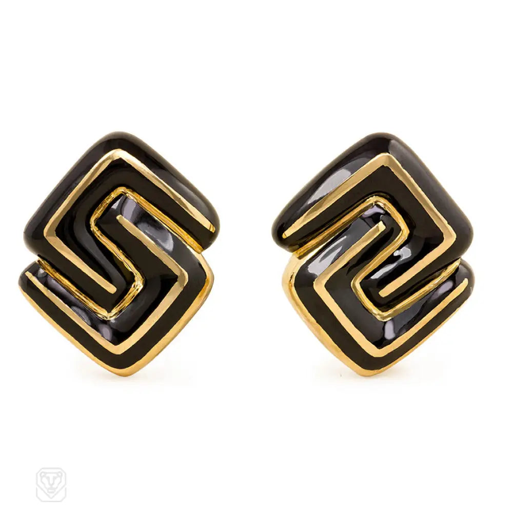 Elegant sapphire earrings for women-Gold and black enamel earrings, David Webb