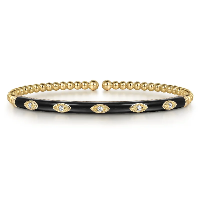 Women’s bangles with gemstones-14K Yellow Gold  Black Enamel Bujukan Beads and Diamond Split Bangle