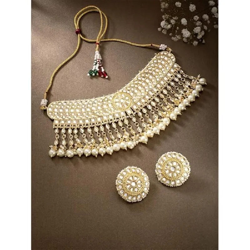 Women’s necklaces with rubies-Etnico Gold Plated Traditional Kundan & Pearl Studded Bridal Choker Necklace With Round Earrings Jewellery Set For Women (K7210W)