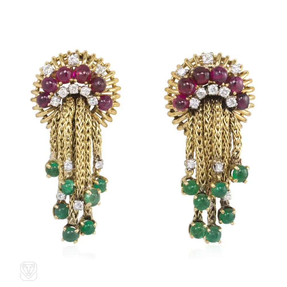 Classic hoop earrings for women-Gold and multi-gemstone tassel earrings