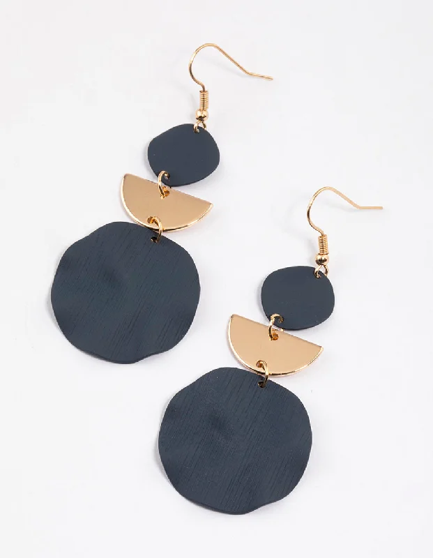 Women’s long dangling earrings-Blue Coated Beaten Disc Drop Earrings