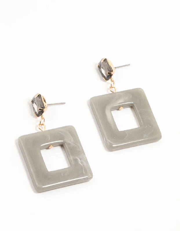 Designer earrings for women-Grey Acrylic Cutout Square Drop Gold Earrings