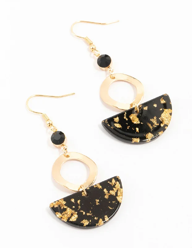 Women’s flower earrings-Gold & Black Beaded Half Disc Printed Drop Earrings