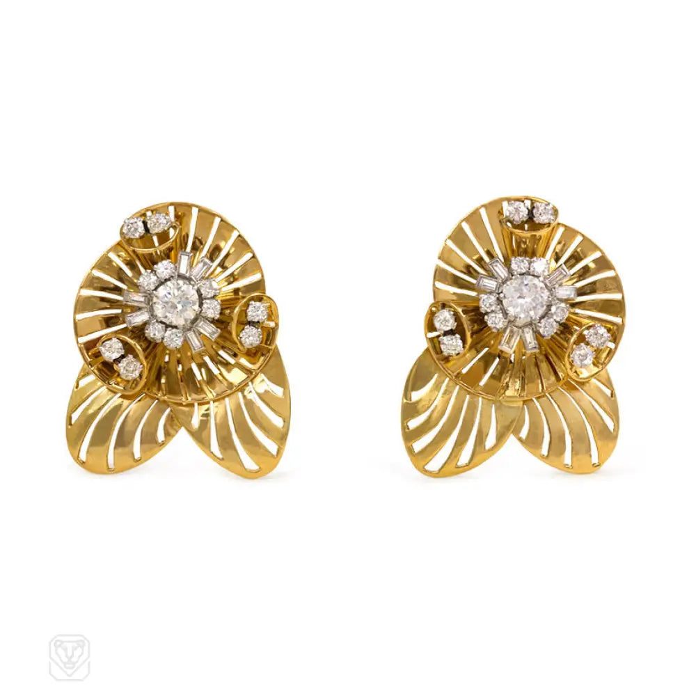 Unique earrings with gemstones-Retro gold and diamond openwork earrings