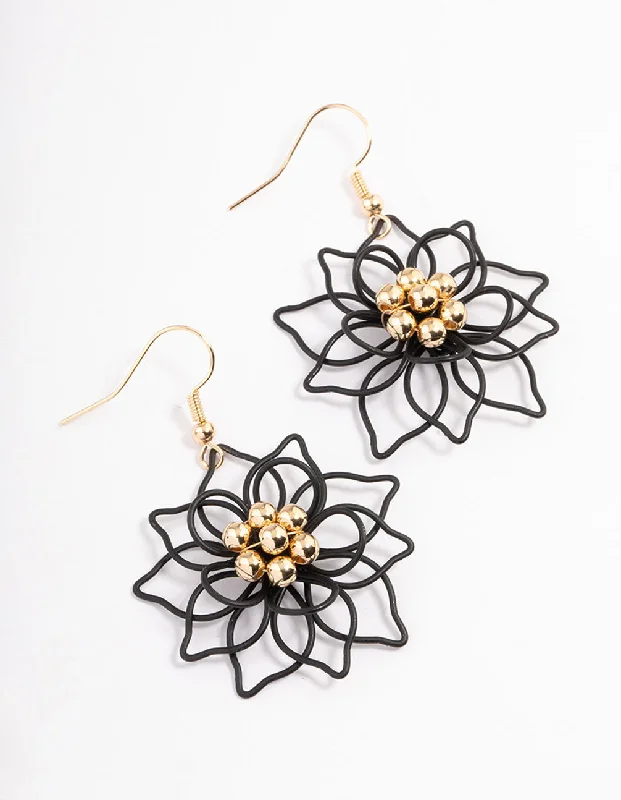 Women’s tribal earrings-Black Wire Flower Drop Earrings