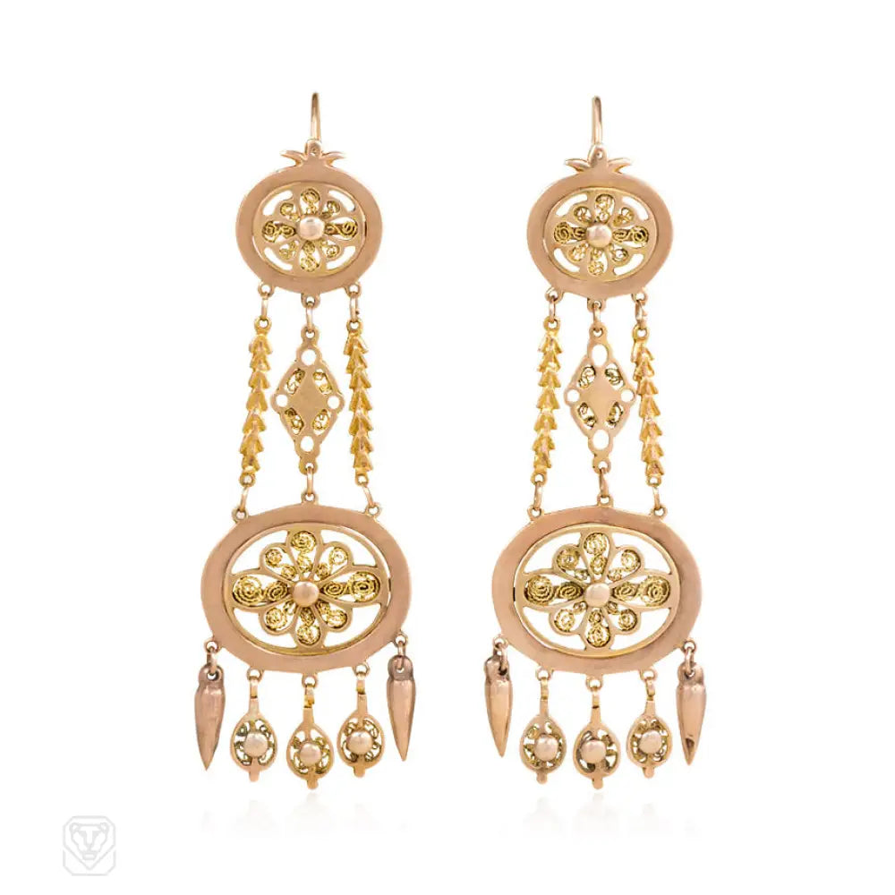 Women’s geometric earrings-Long antique gold filigreed earrings