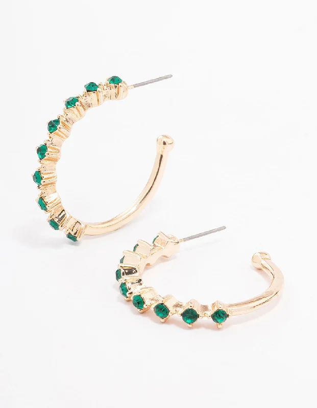 Women’s small hoop earrings-Green Encased Round Diamante Hoop Earrings