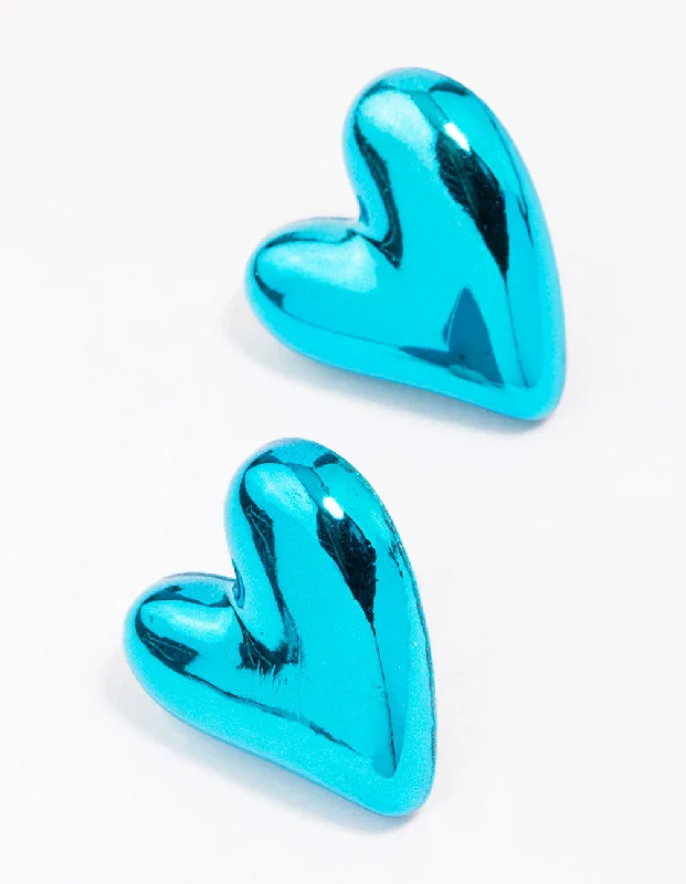 Women’s diamond stud earrings-Blue Puffy Heart Stud Earrings