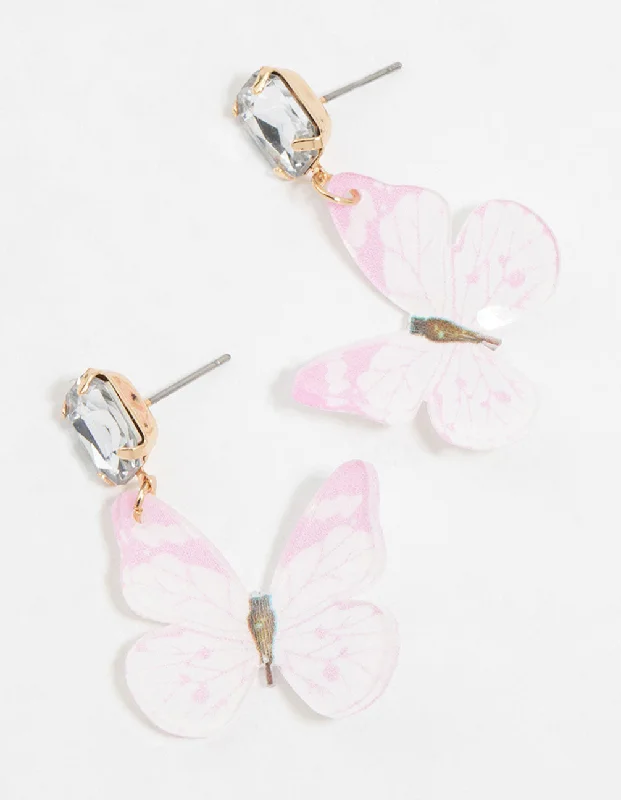 Women’s gemstone hoop earrings-Gold Pink Butterfly & Diamante Drop Earrings