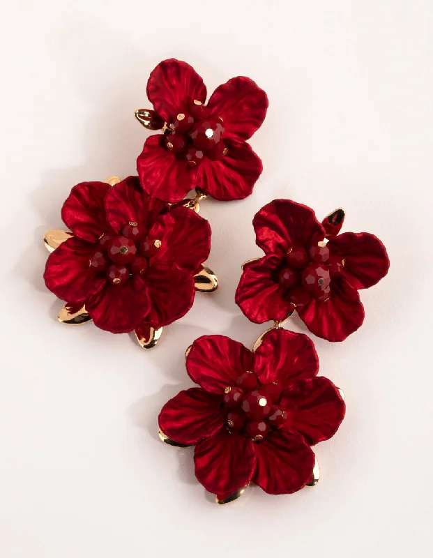 Women’s chandelier earrings-Red Large Pearlised Flower Drop Earrings