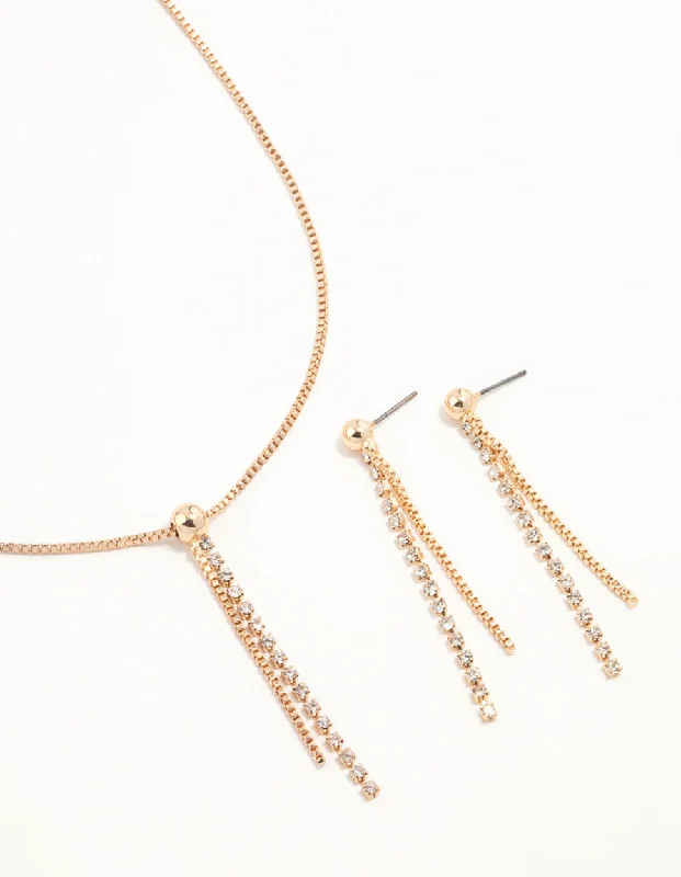 Women’s hoop earrings-Gold Diamante Cupchain Necklace & Earrings Set