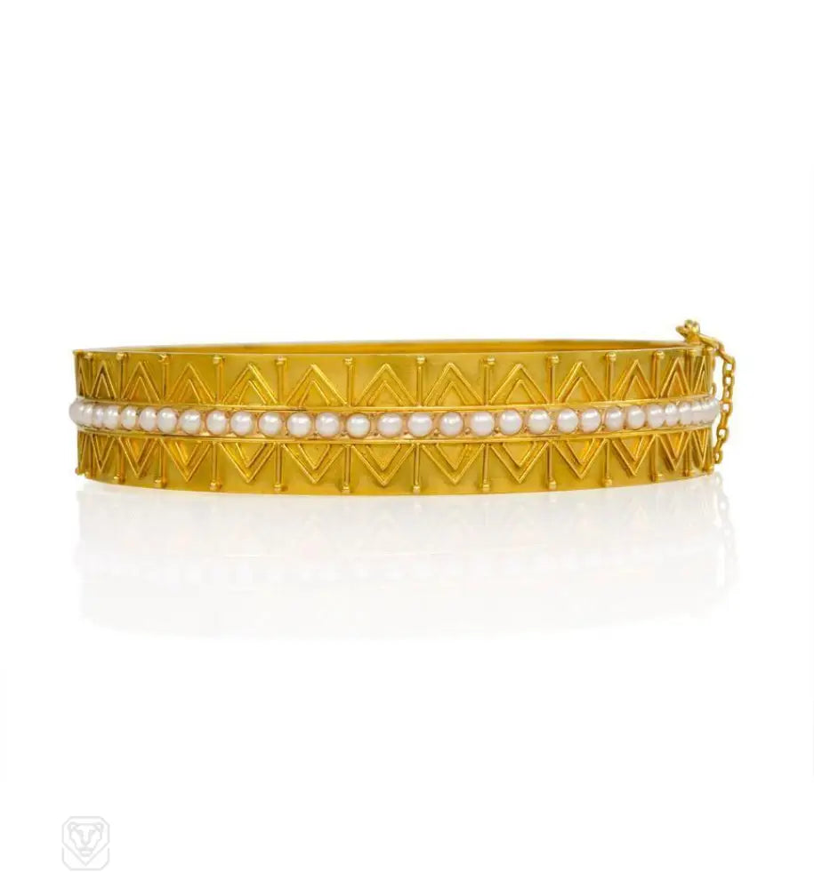 Women’s delicate gold bracelets-Antique gold and pearl etruscan bangle