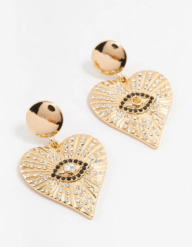 Women’s gold drop earrings-Gold & Black Etched Evil Eye Heart Drop Earrings