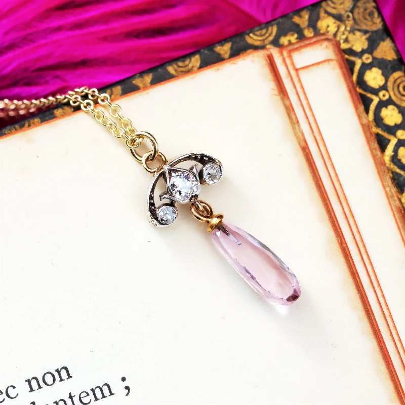 Vintage-inspired necklaces for women-Fairest Lovely! Antique Pink Topaz & Diamond Pendant