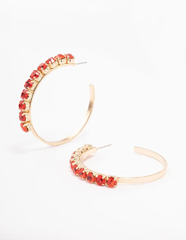 Women’s rose gold earrings-Gold Round Red Diamante Medium Hoop Earrings