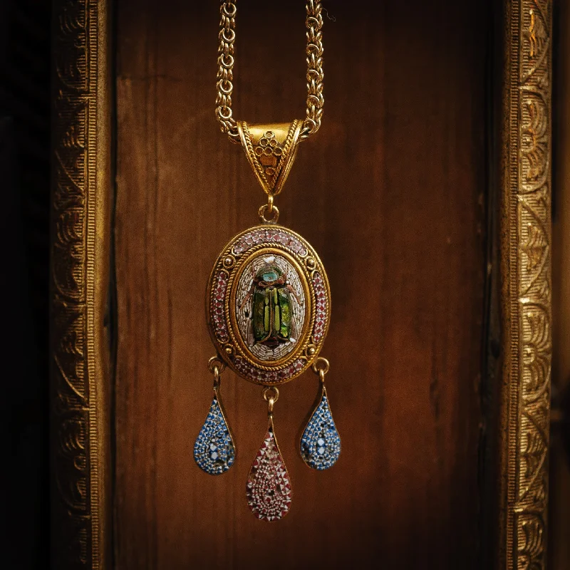 Women’s necklaces with gemstones-Rare Intricate Antique 15ct Gold Victorian Grand Tour Micro Mosaic Pendant