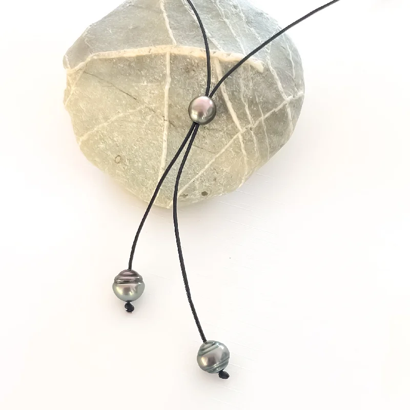 Women’s necklaces with matching bracelets-Lariat Leather Tahitian Pearl Necklace