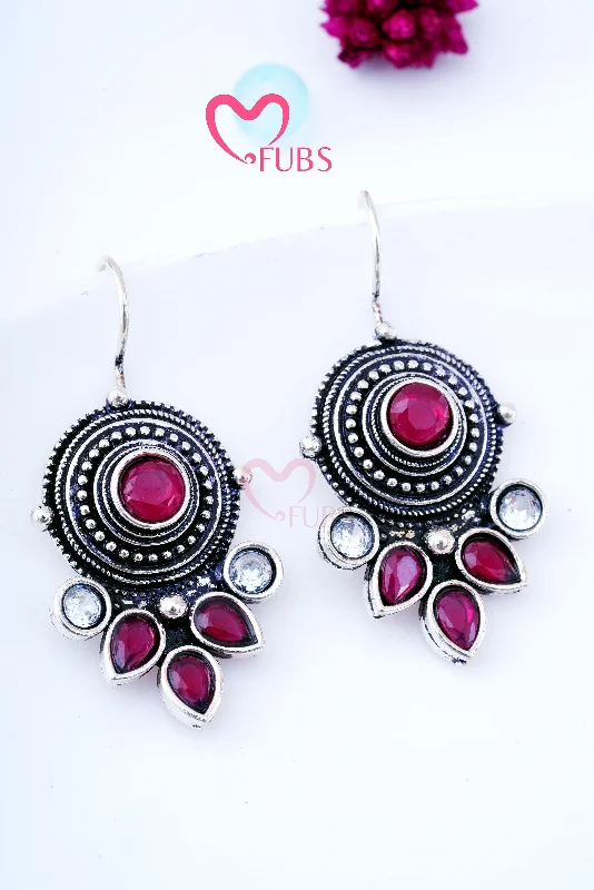 Women’s silver earrings-Oxidized Kundan Studded Hook Earrings