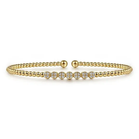 Women’s stretch bracelets-14K Yellow Gold Bujukan Bead and Cluster Diamond Bangle