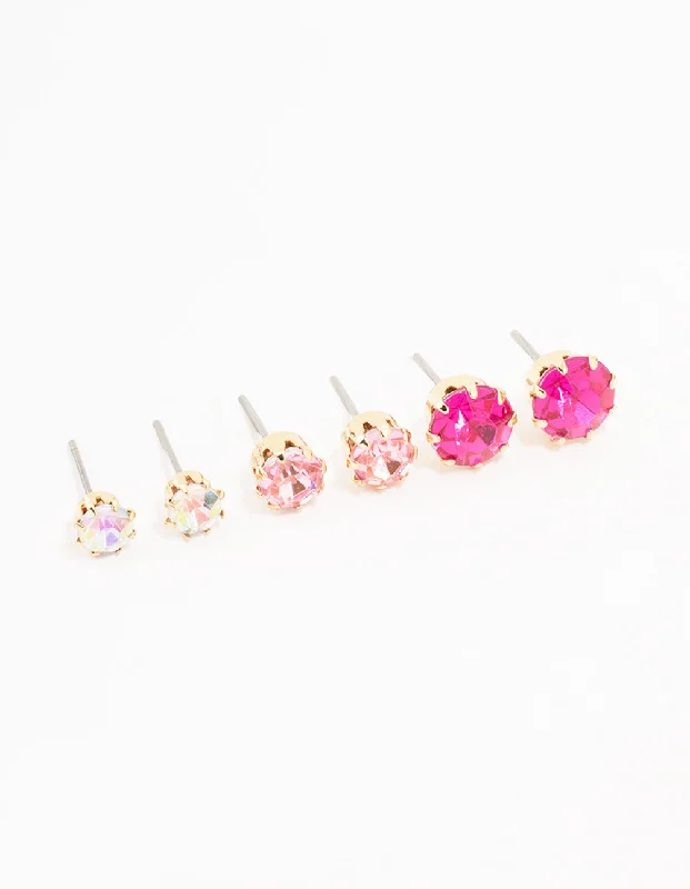 Women’s celestial earrings-Gold Pink  Multi Diamante Stud Earrings 3-Pack