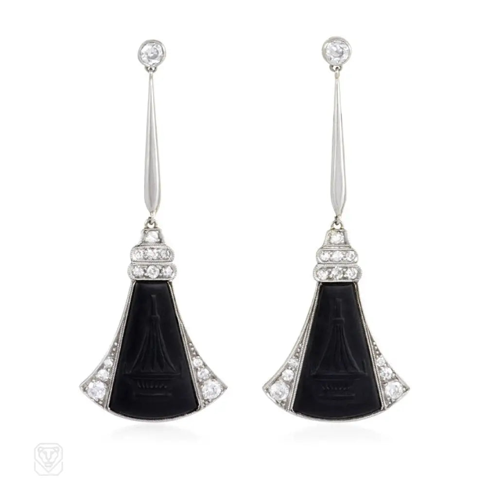 Women’s gold hoop earrings-Art Deco carved onyx and diamond earrings